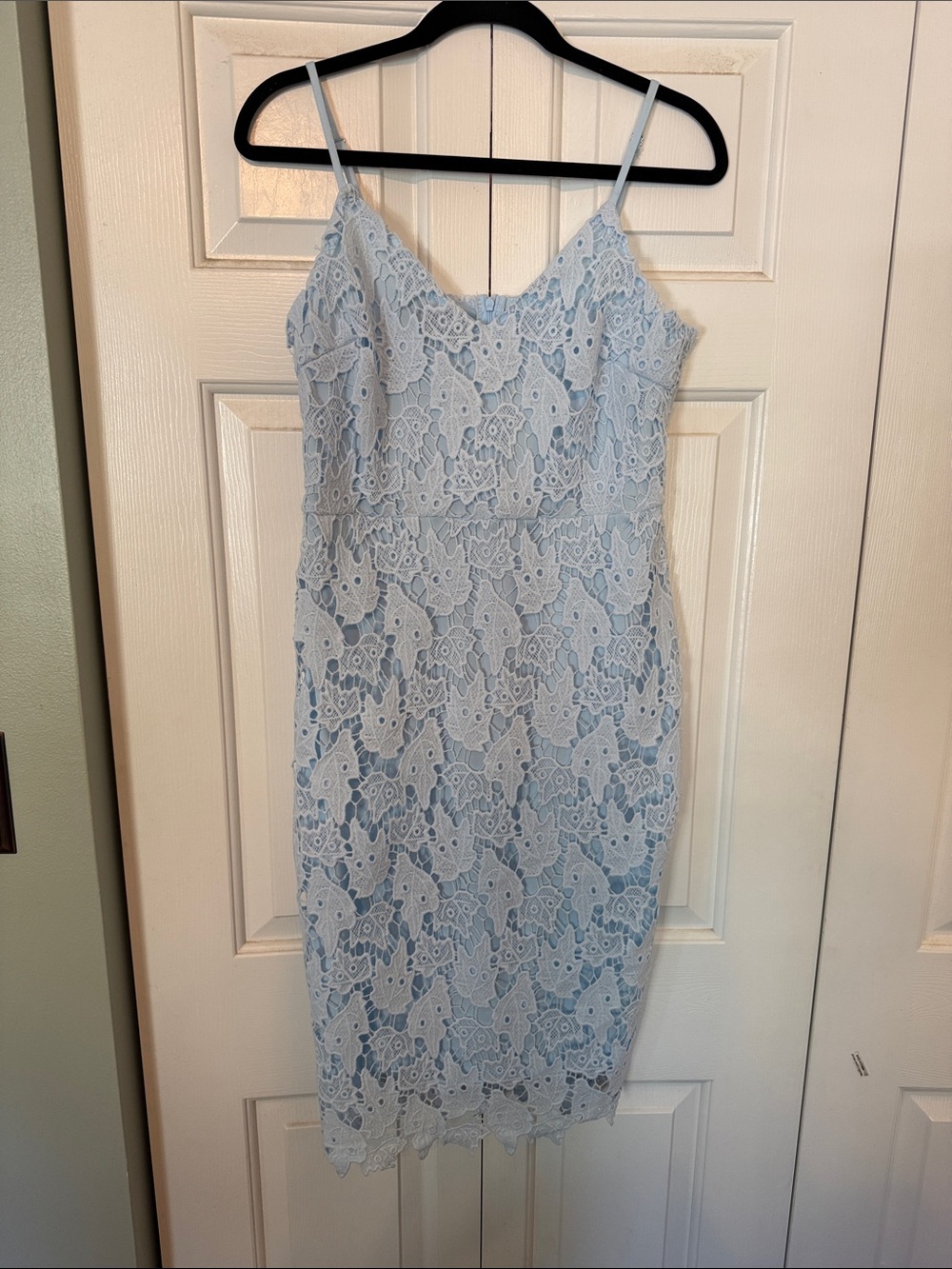 Delicate Light Blue Lace Midi Dress with Adjustable Spaghetti Straps NWOT